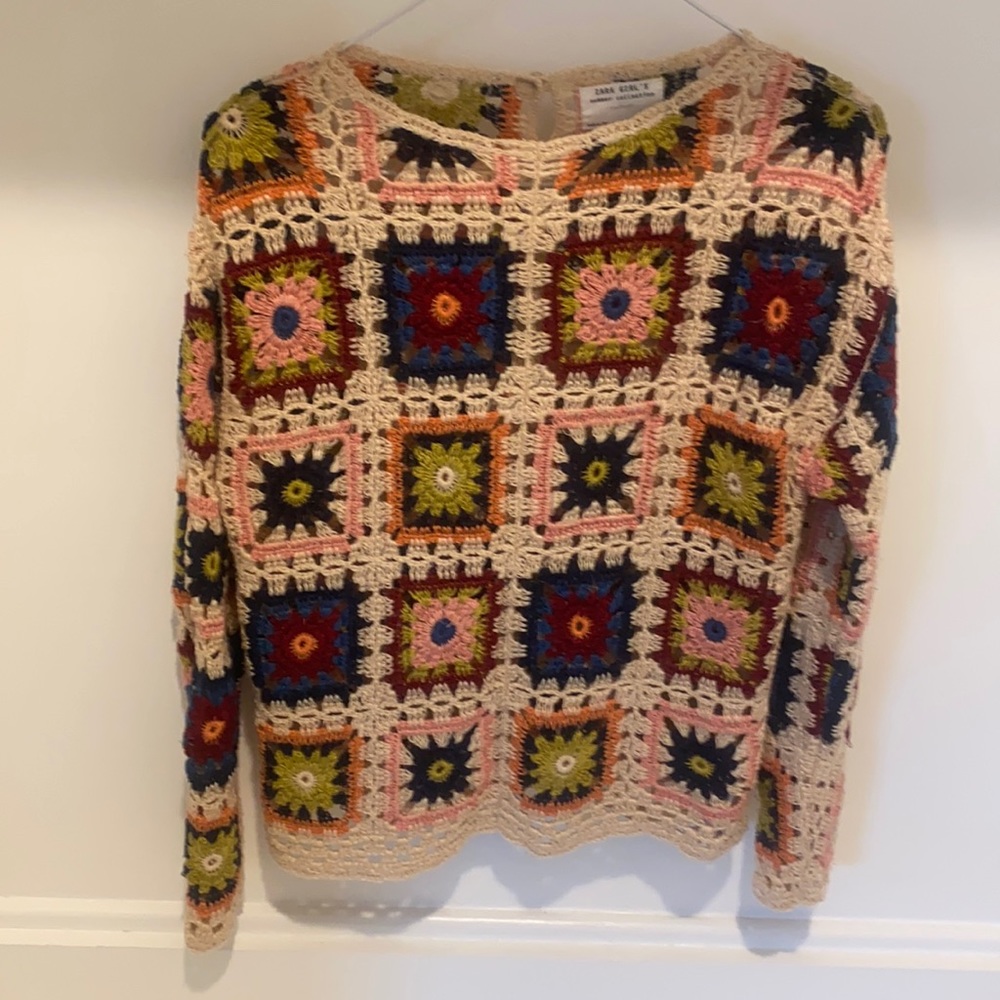 ZARA girls beige tan multicolored multi patterned crochet knit sweater
